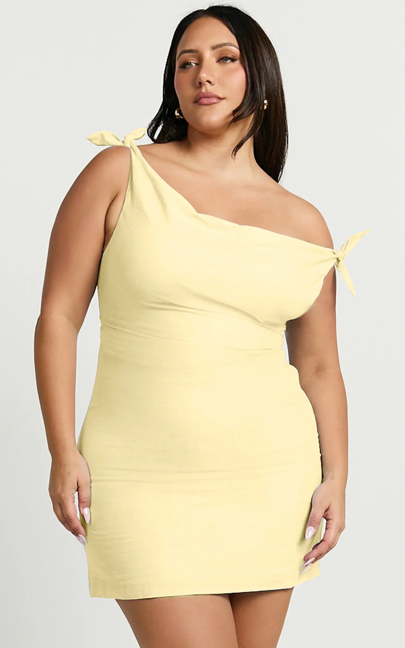 Jeofina Mini Dress - Off The Shoulder Linen Look Dress in Lemon