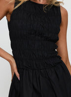 Demure Shirred Bubble Hem Mini Dress Black