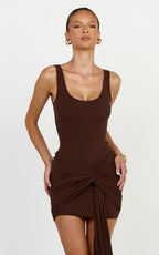 Rosalie Mini Dress - Tie Front Bodycon Wrap Dress in Chocolate