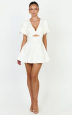Rosalie Mini Dress - Floral Jacquard V Neck Fit and Flare Dress in White