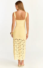 Sabrina Midi Dress - Scoop Neck Laser Cut Dress in Lemon