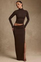 Modal Asymmetric-Waist Maxi Skirt in Chocolate Brown