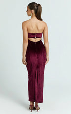 Cartia Midi Dress - Velvet Strapless Bodycon Dress in Wine
