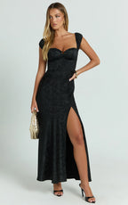 Vance Midi Dress - Ruched Cap Sleeve Bustier Bias Cut Dress in Black