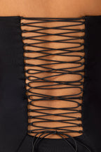 Premium Jersey Lace Up Back Mini Dress with Train in Black