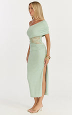 Juliet Midi Dress - One Shoulder Lace Contrast Bodycon Dress in Sage