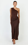 Astrid Midi Dress - One Shoulder Contrast Satin Dress in Chocolate