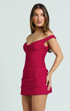 Tanisha Mini Dress - Off Shoulder Draped Waist Dress in Red