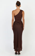 Astrid Midi Dress - One Shoulder Contrast Satin Dress in Chocolate