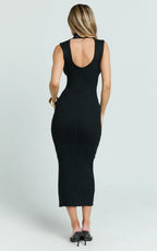 Chantelle Midi Dress - Turtle Neck Sleeveless Ruche Waist Fitted Knit Dress in Black