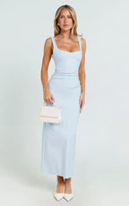 Benita Midi Dress - Scoop Neck Ruched Fitted Dress in Blue