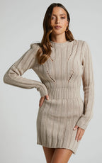 Ghamie Mini Dress - Knit Bodycon Long Sleeve Open Back Dress in Beige