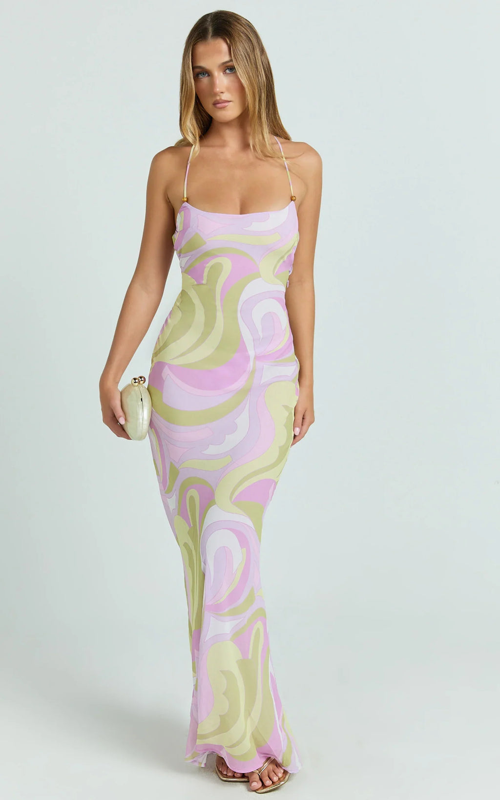 Krishna Maxi Dress - Strappy Scoop Neck Floral Placement Print Georgette Dress in Pucci Print