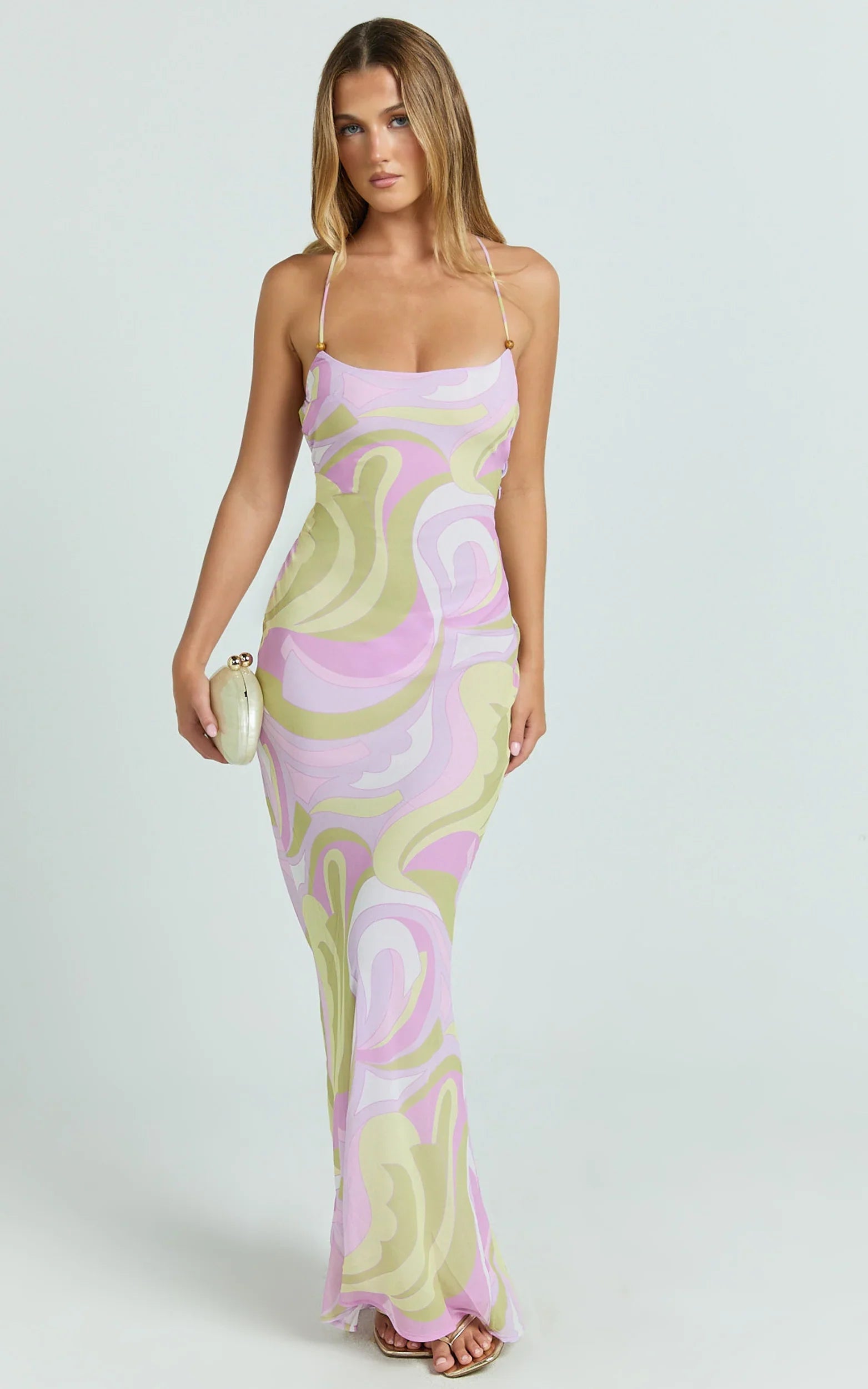 Krishna Maxi Dress - Strappy Scoop Neck Floral Placement Print Georgette Dress in Pucci Print
