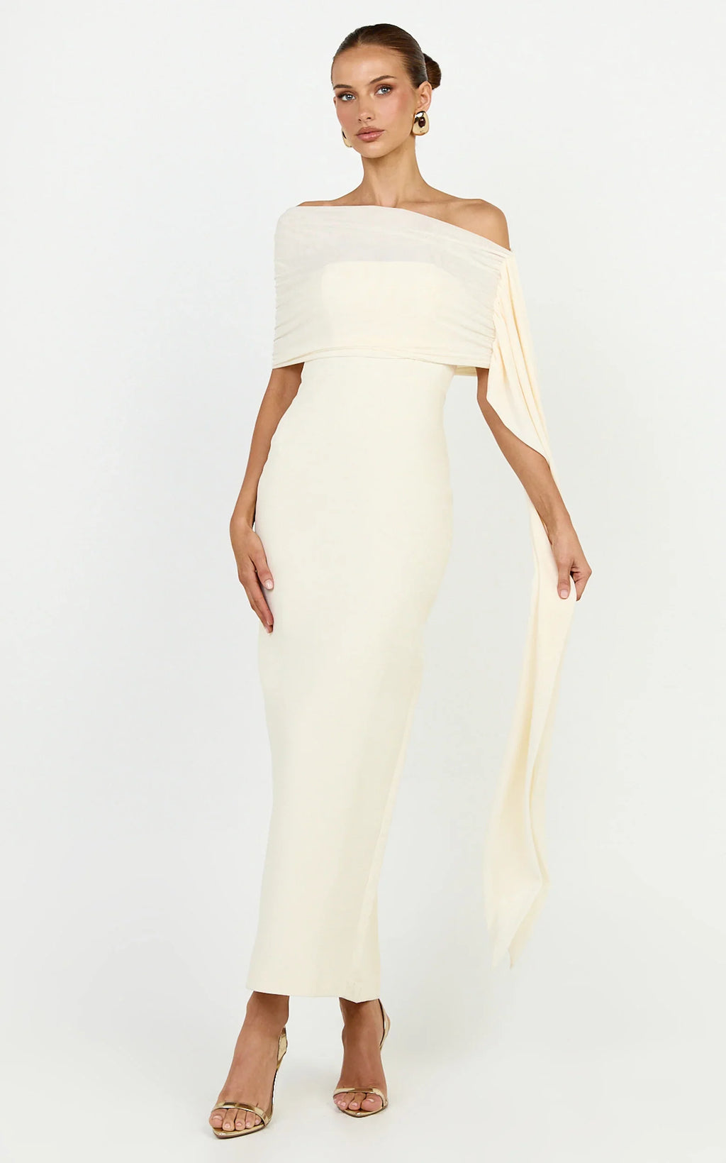 Elina Maxi Dress - Off Shoulder Contrast Mesh Draped Overlay Dress in Cream