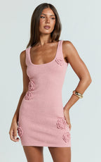 Elodie Mini Dress - Scoop Neck 3D Floral Knit Dress in Pale Pink