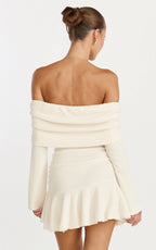 Maeve Mini Dress - Off Shoulder Long Sleeve Fit And Flare Mini Dress in Cream
