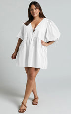 Rosita Mini Dress - Tie Front Puff Sleeve Dress in White
