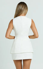 Phyllis Two Piece Set - Tailored Scoop Neck Vest Top and A Line Mini Skirt Set with Gold Buttons in White