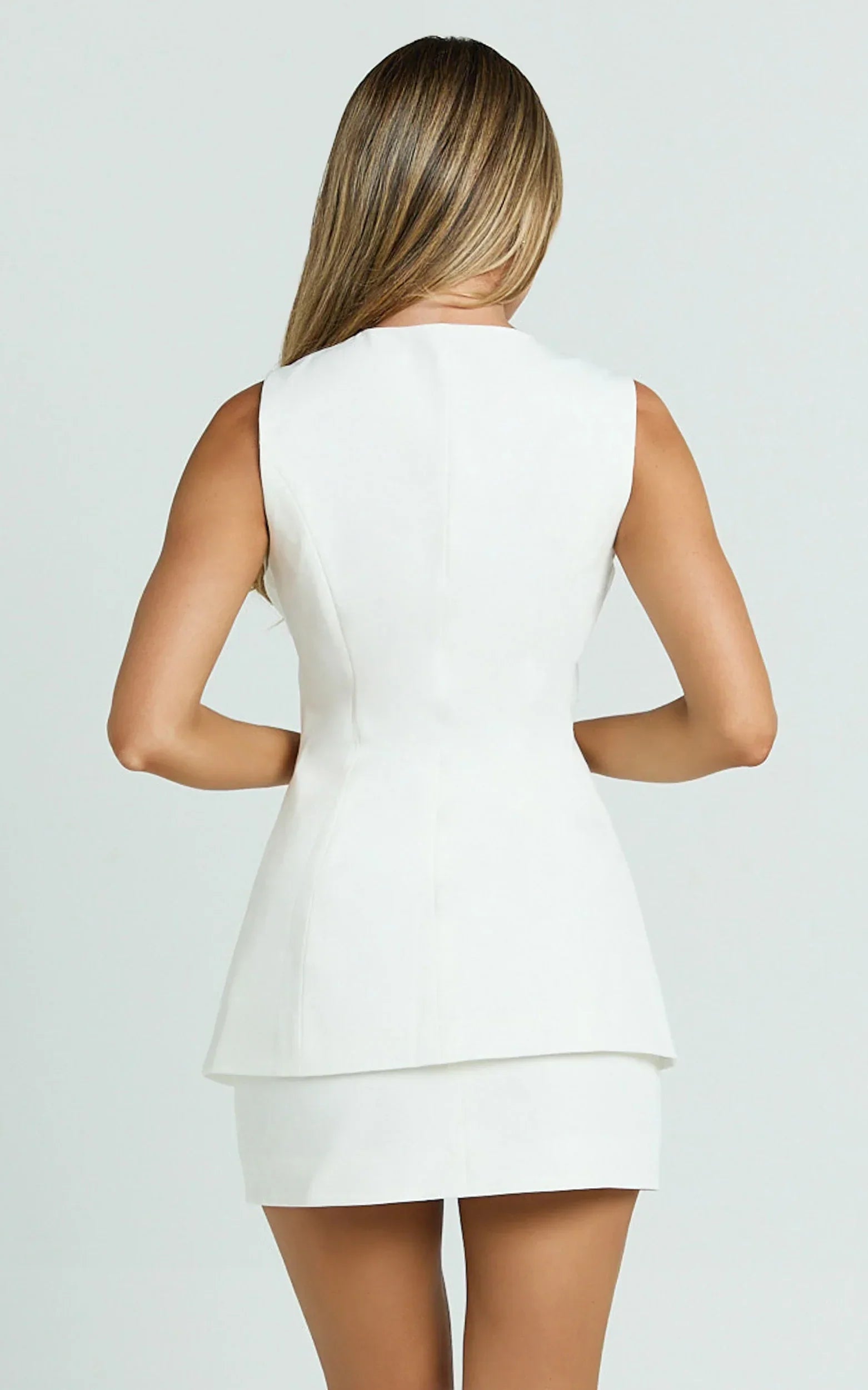 Phyllis Two Piece Set - Tailored Scoop Neck Vest Top and A Line Mini Skirt Set with Gold Buttons in White