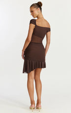 Ivy Mini Dress - Tip Shoulder Asymmetric Ruched Yoke Dress in Chocolate