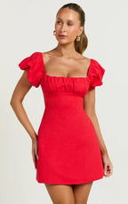Ginny Mini Dress - Square Neck Ruched Bodice Puff Sleeve Straight Dress in Red