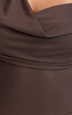 Karla Mini Dress - Asymmetric Tie Neck Fit And Flare Dress in Chocolate