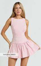 Izira Mini Dress - Boat Neck Drop Waist Shift Dress in Pink
