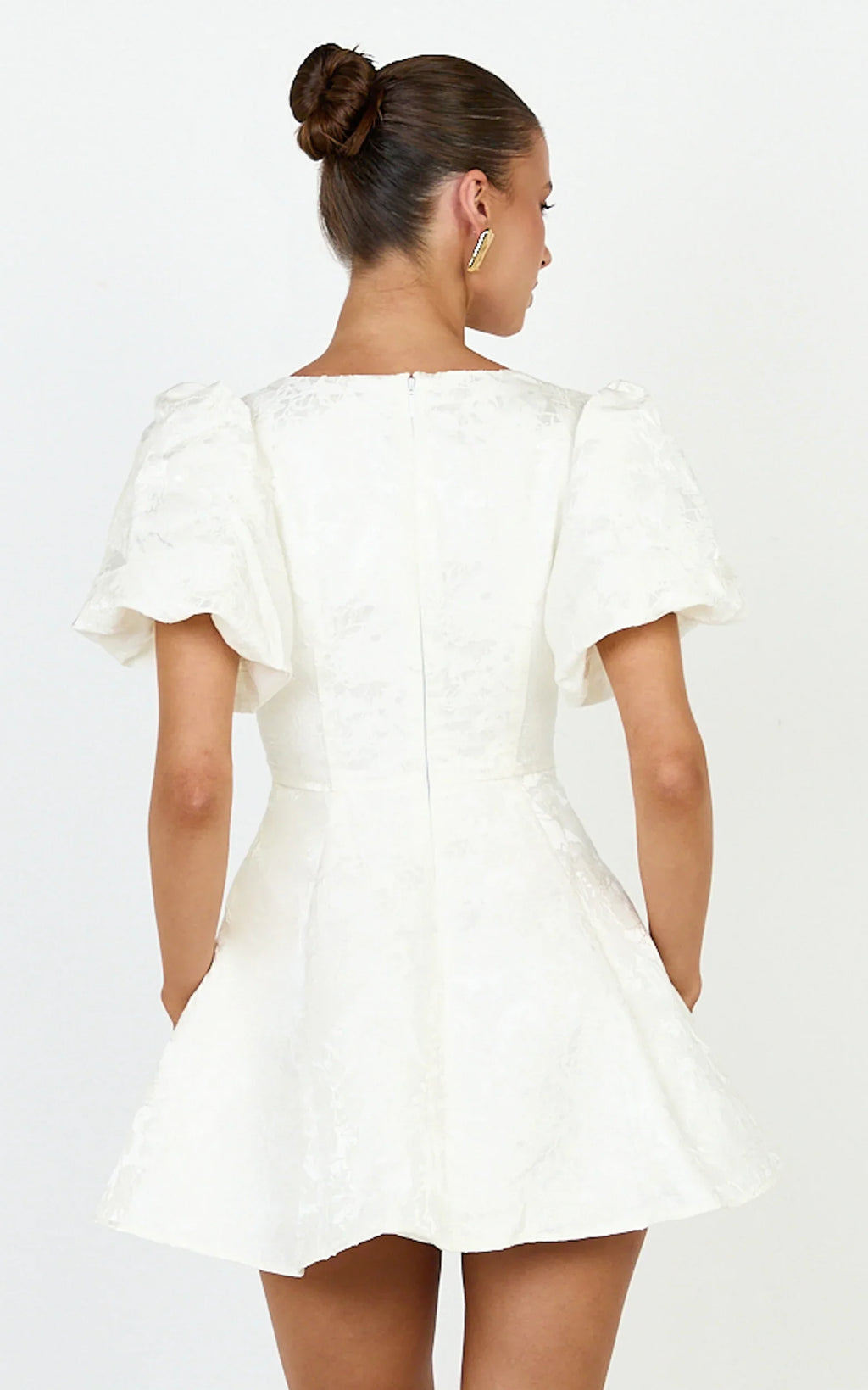 Rosalie Mini Dress - Floral Jacquard V Neck Fit and Flare Dress in White