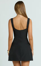 Rachel Mini Dress - Square Scoop Neck Buckle Pocket Leg Split Knee Length Dress in Black