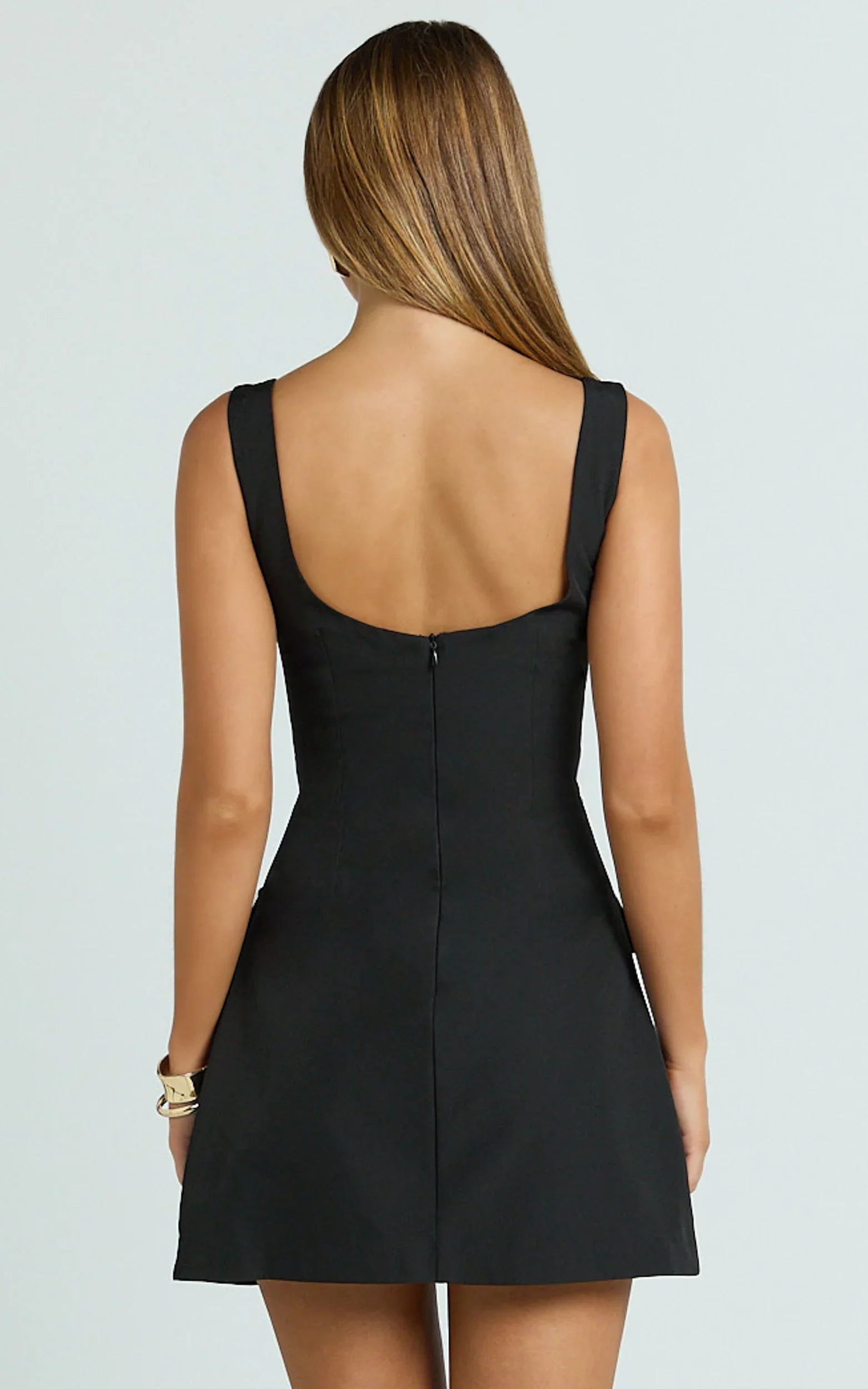 Rachel Mini Dress - Square Scoop Neck Buckle Pocket Leg Split Knee Length Dress in Black