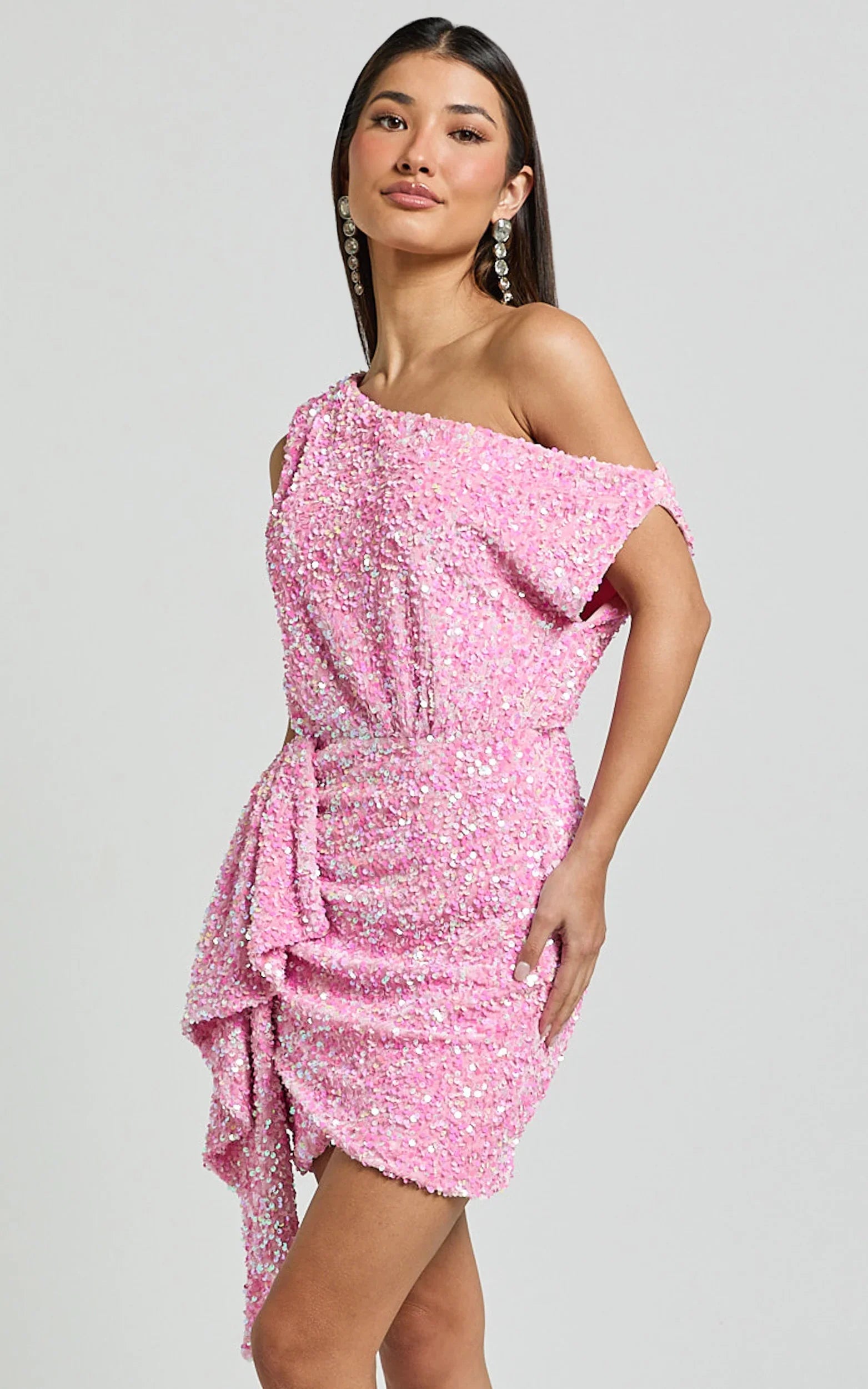 Tonya Mini Dress - Sequin Drape One Shoulder Dress in Pink