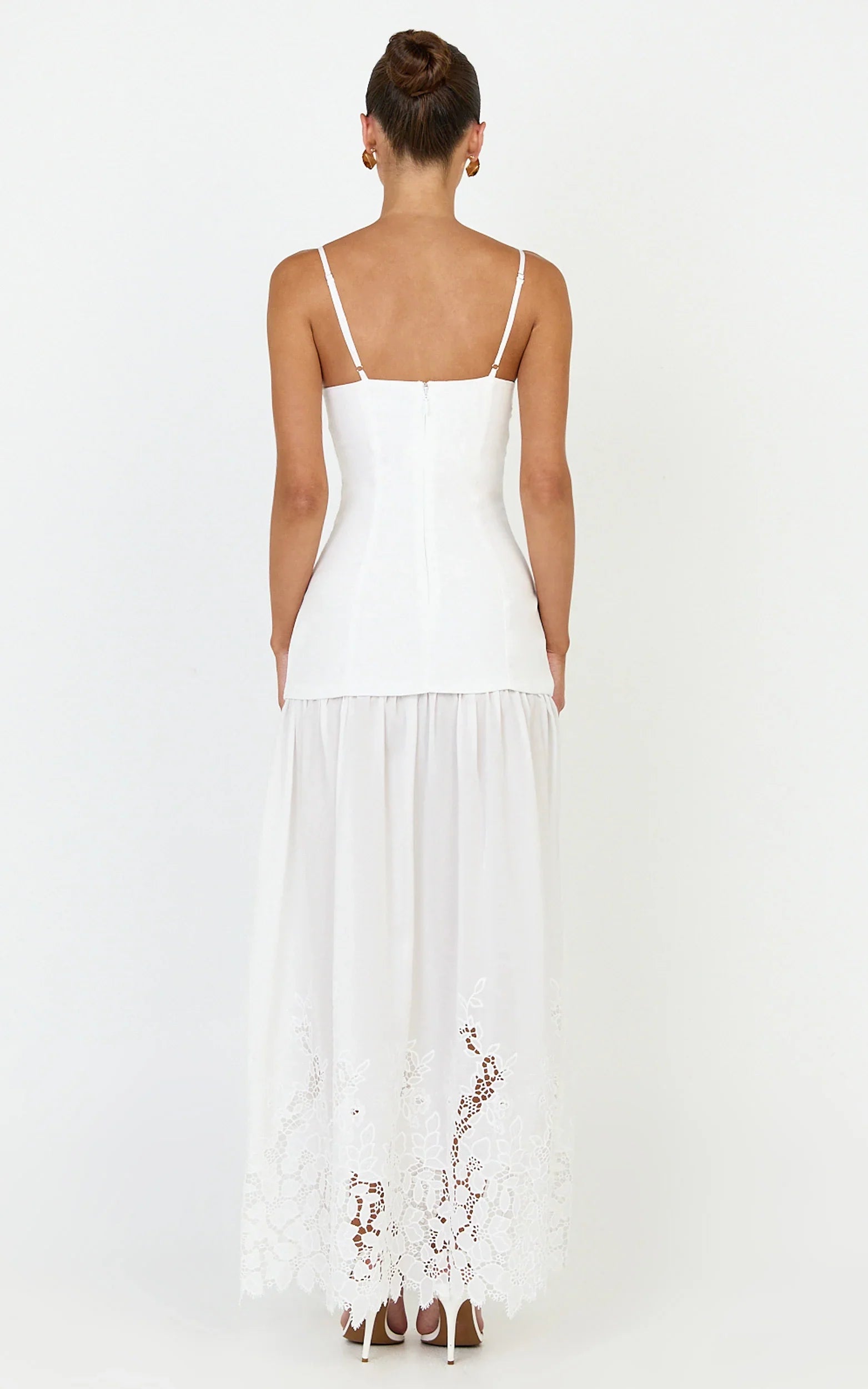 Everly Maxi Dress - Straight Neck Broderie Cut Out Hem Dress in White