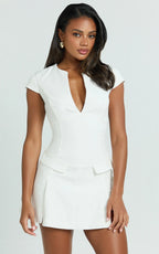 Darius Mini Dress - Cap Sleeve Slit Neck Fit And Flare Dress in White
