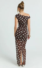 Lia Maxi Dress - Off Shoulder Slip Dress in Chocolate White Spot