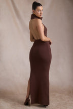 Ribbed-Knit Turtleneck Backless Maxi Dress in Espresso