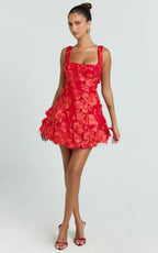 Sienna Mini Dress - 3D Floral Fit And Flare Dress in Red