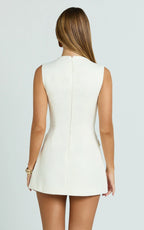 Halsey Mini Dress - Sleeveless Deep U Neck Faux Wrap Tulip Dress in Cream