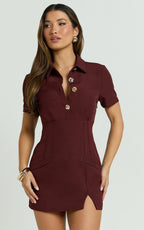 Charity Mini Dress - Placket Front Fitted Shirt Dress in Mahogany