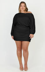 Alyce Mini Dress - Long Sleeve One Shoulder Dress in Black
