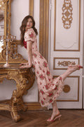 Rose Lace Floral Midi Dress in Pink