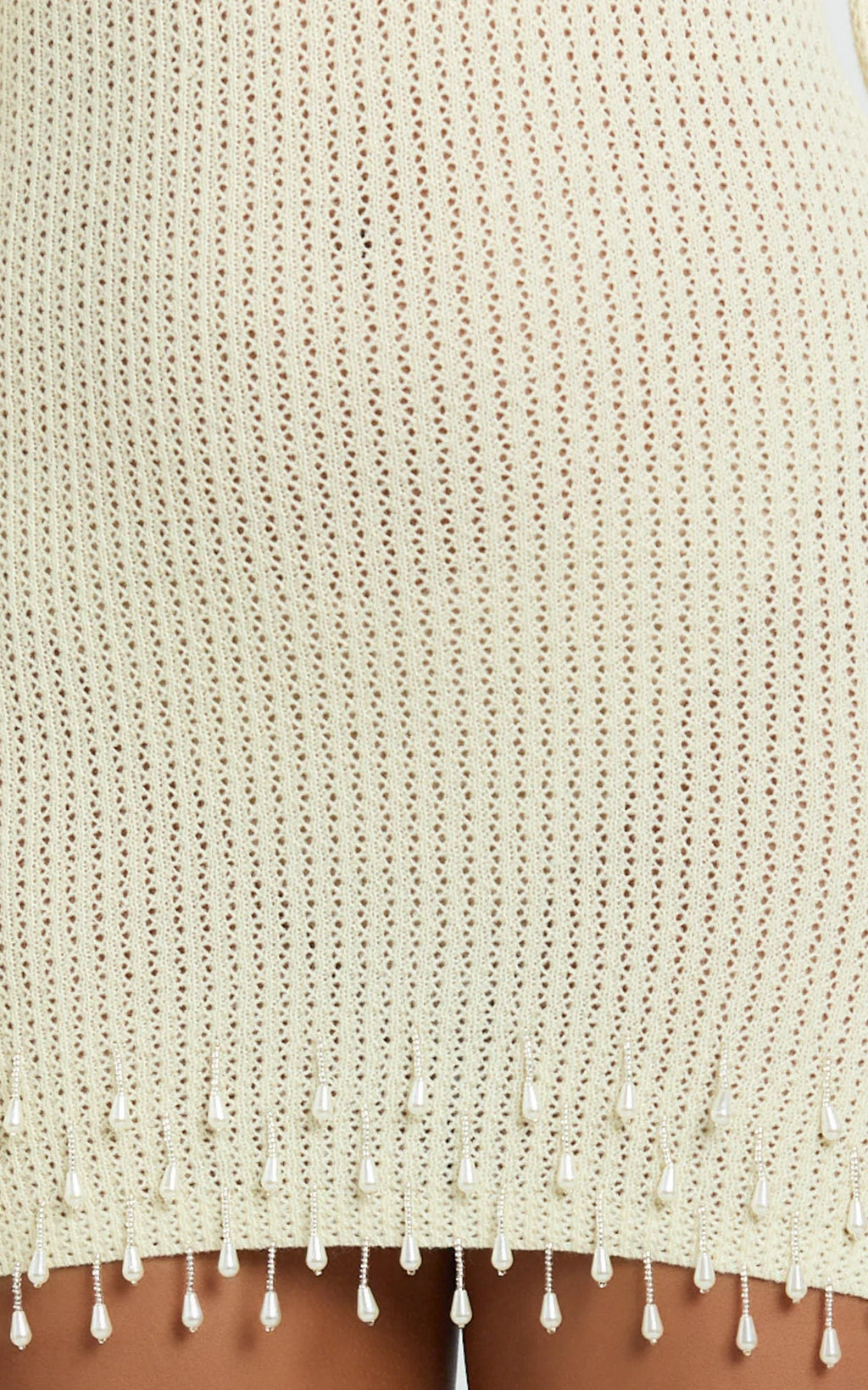 Izira Mini Dress - Knit One Shoulder Long Sleeve Pearl Bead Dress in Ivory