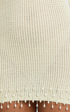 Izira Mini Dress - Knit One Shoulder Long Sleeve Pearl Bead Dress in Ivory
