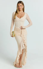 Rhea Maxi Dress - Long Sleeve Ruched Ruffle Hem Dress in Blush