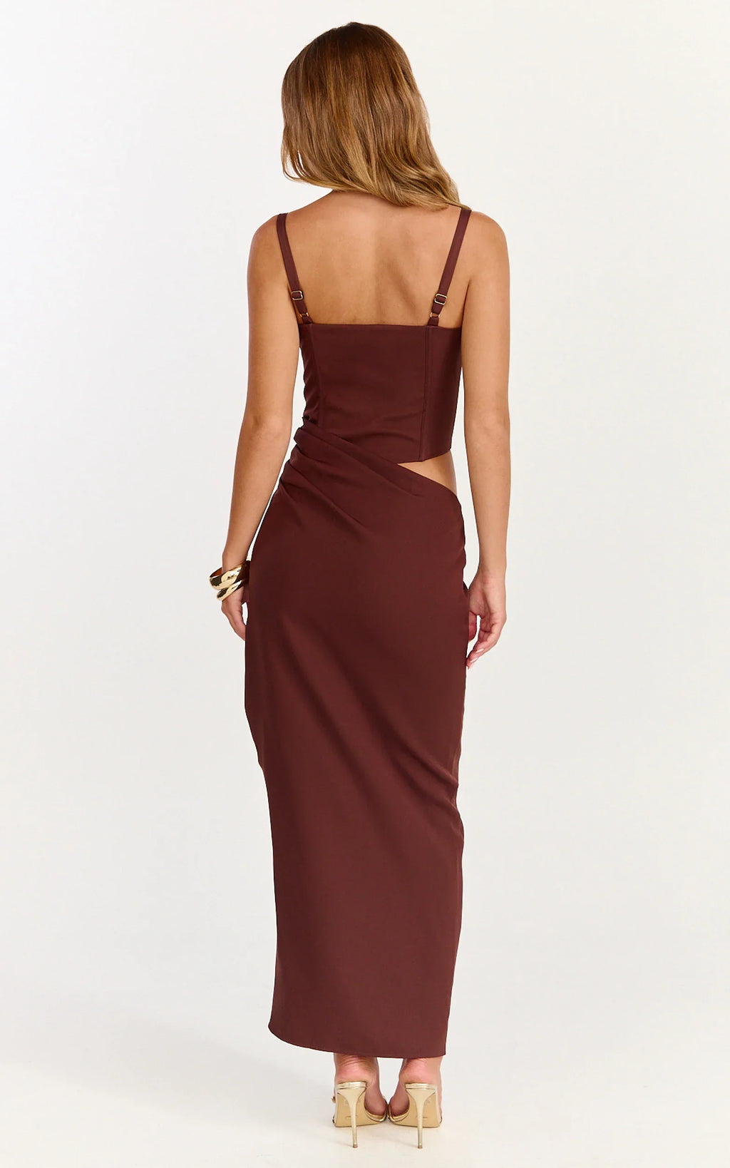 Jonas Midi Dress - Strapless Corset Bodice Draped Waist Skirt Dress in Chocolate