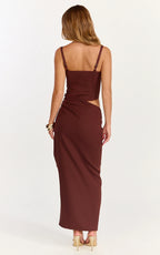 Jonas Midi Dress - Strapless Corset Bodice Draped Waist Skirt Dress in Chocolate