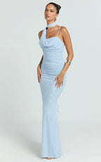Larson Maxi Dress - Asymmetric Tie Neck Column Dress in Pale Blue
