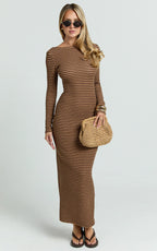 Rumi Midi Dress - Long Sleeve Bodycon Dress in Chocolate