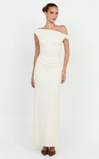 Veda Maxi Dress - Asymmetric One Shoulder Ruched Maxi Dress in Cream
