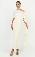 Elina Maxi Dress - Off Shoulder Contrast Mesh Draped Overlay Dress in Cream